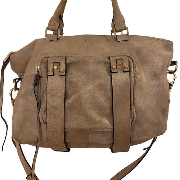 She + Lo Next Chapter Satchel Crossbody Beige Metallic Leather Studs w/ Strap - Picture 4 of 9